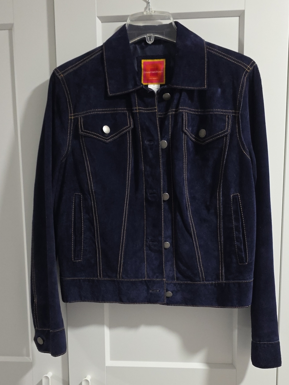 Designer Isaac Mizrahi Genuine Navy Blue Suede Trucker Jacket.